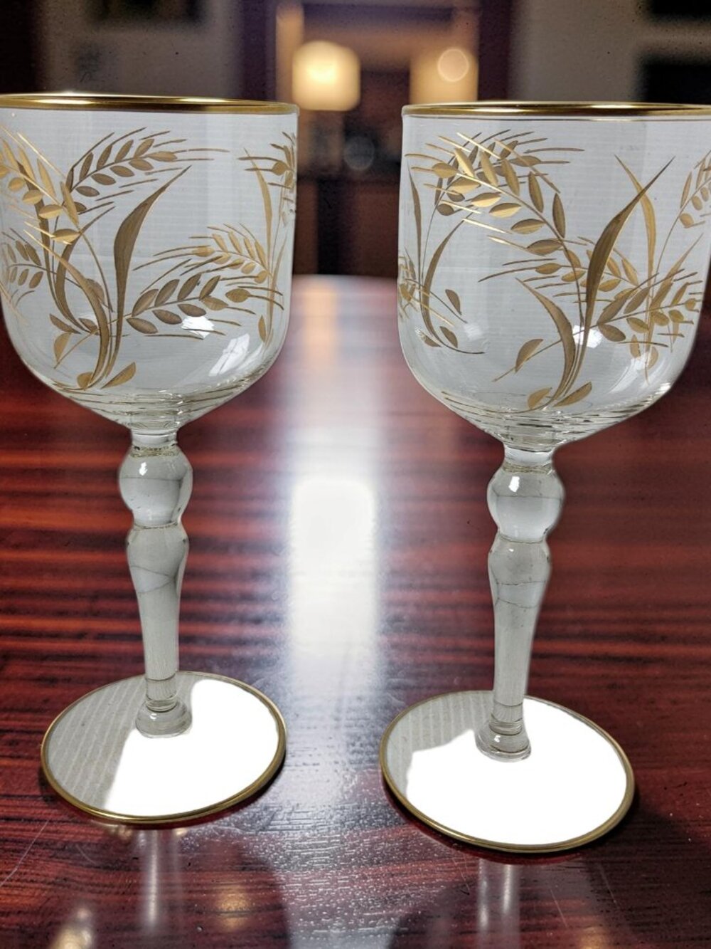 Vintage Pair Etched Golden Wheat and Rim Design Tall Wine Glasses